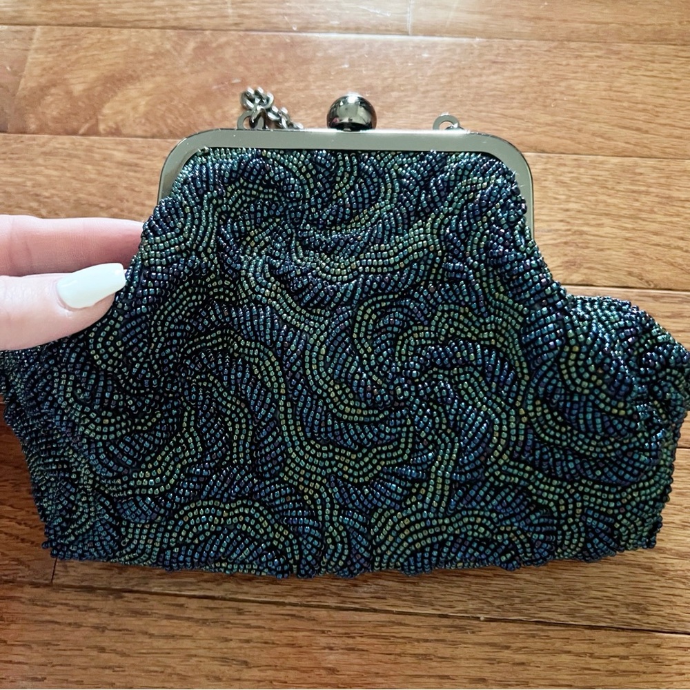 Vintage Inge Christopher Blue green black Fully Beaded Unique Evening Bag